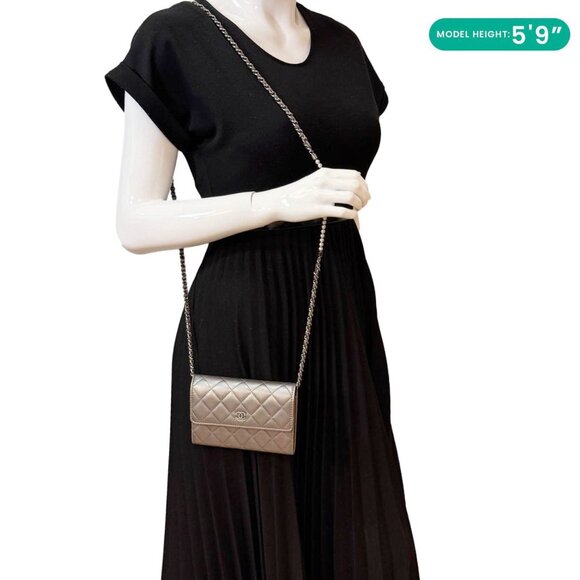 Chanel Pearl My Shoulder Mini Lambskin Quilted Leather Wallet Silver - Picture 2 of 13